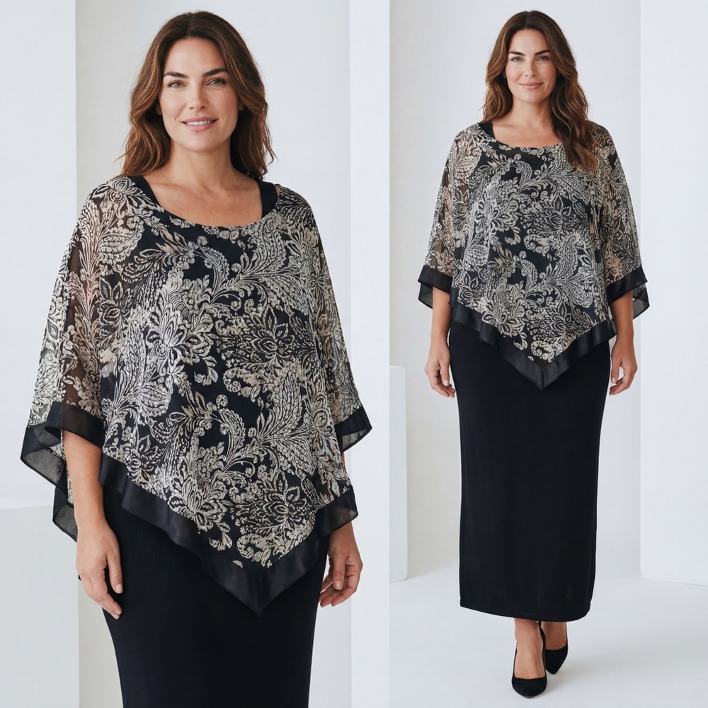 Maggie Barnes Black Floral Sheer Poncho & Cami set Top
Cocktail attire Boho chic